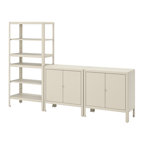 Muebles de almacenaje KOLBJÖRN en color beige, que combinan estanterías abiertas y armarios de acero con recubrimiento en polvo.