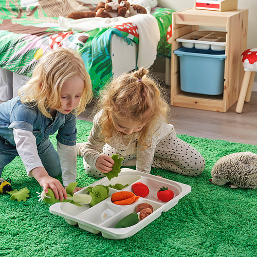 Dos niños juegan con una bandeja de verduras de juguete sobre una alfombra verde. La bandeja tiene compartimentos para varios alimentos de juguete, lo que promueve la organización y el aprendizaje.