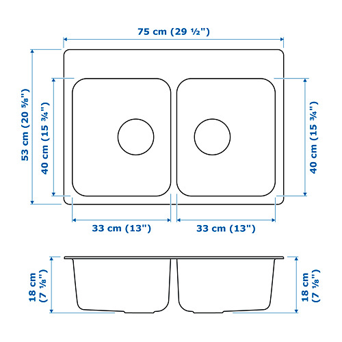 Measurement Illustration - LÅNGUDDEN double bowl top mount sink