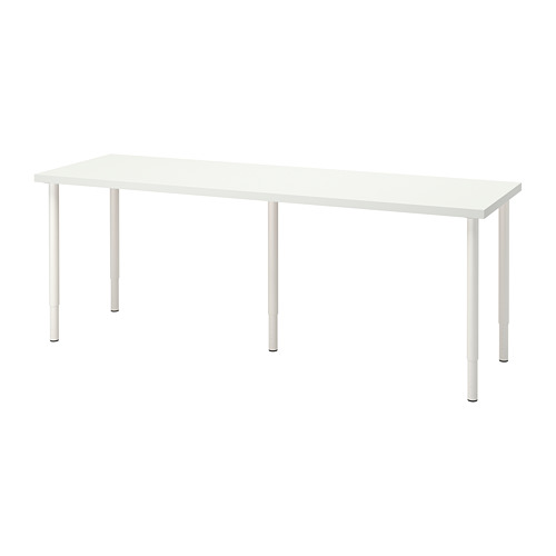 Representa una mesa LAGKAPTEN blanca con un tablero rectangular y cuatro patas ajustables de metal blanco.