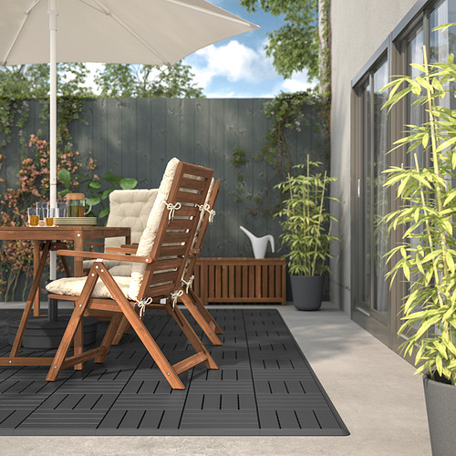 Patio moderno con terraza oscura, sillas beige, mesa de vidrio, sombrilla, plantas y fondo de casa.