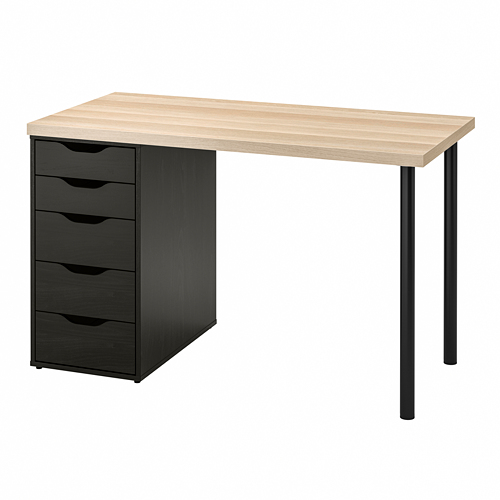 Un escritorio LAGKAPTEN de ikea, madera clara, cajones negros, con patas metálicas, rectángulo, diseño minimalista.