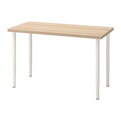 LAGKAPTEN: modern light-brown wooden desk with white metal legs, rectangle shape, minimalist design.