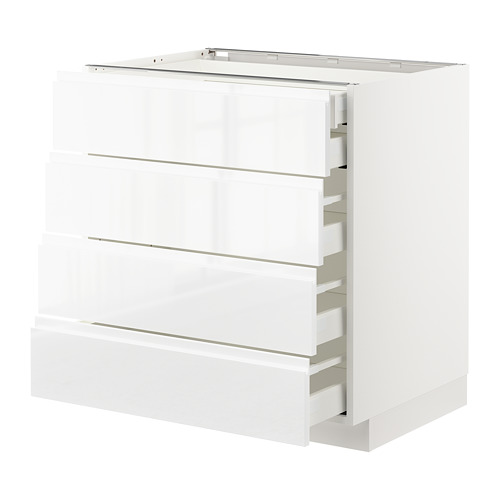 High gloss white kitchen cabinet with four drawers.