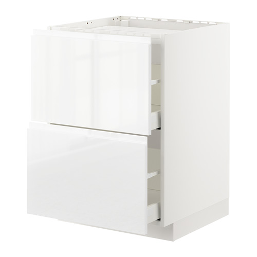 White METOD kitchen cabinet, glossy finish with integrated handles, rectangular shape.