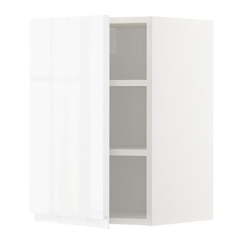 Moderno mueble de cocina METOD blanco de alto brillo con estantes ajustables, elegantes asas y una robusta construcción de tableros de partículas.