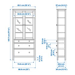 Ilustración de medidas - HEMNES vitrina con 3 gavetas