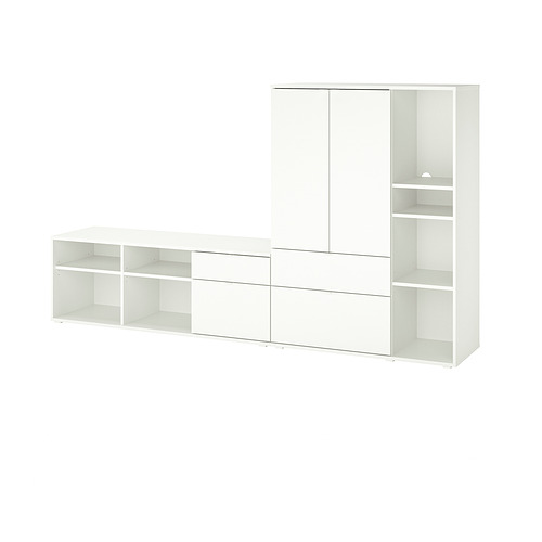 Moderno mueble de almacenamiento de TV blanco con estantes, cajones y armarios para una organización funcional.