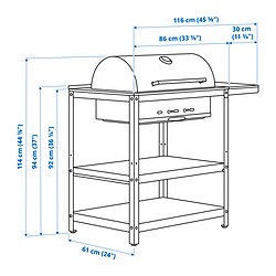 Ilustración de medidas - GRILLSKÄR parrilla carbón con mesa auxiliar