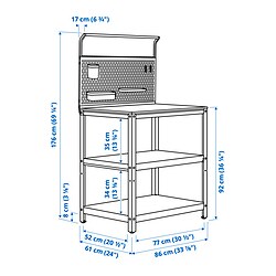 Ilustración de medidas - GRILLSKÄR banco de trabajo con panel posterior