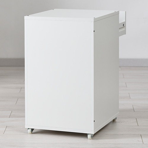 Cajonera rodante blanca, cuatro ruedas, diseño elegante para facilitar el movimiento.