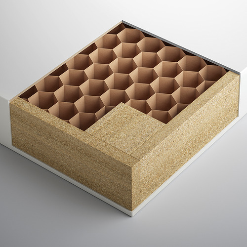 Caja de papel hexagonal con tablero de fibras, pintura acrílica y estructura de nido de abeja, con tablero de partículas y bordes de plástico.