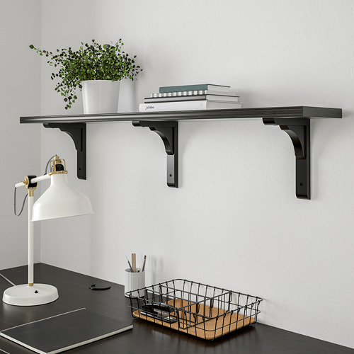 Estantería negra BERGSHULT con libros y plantas, escritorio con lámpara y cesta.