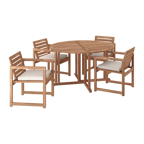 Juego de comedor de patio redondo NÄMMARÖ, madera de acacia, cojines beige, seis sillas a juego con reposabrazos.