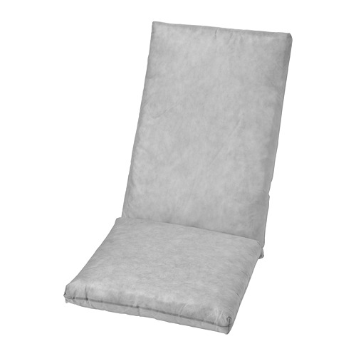 A DUVHOLMEN light gray chair cushion with soft polyester filling and a smooth, sleek design.