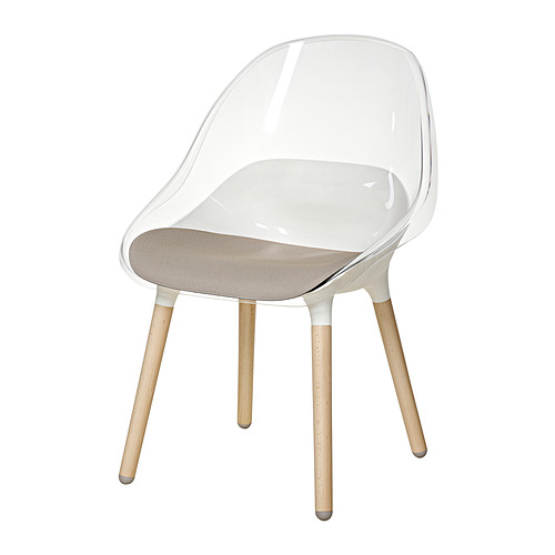 Silla acrílica transparente con patas de madera y cojín gris. Diseño moderno, minimalista, elegante y cómodo.