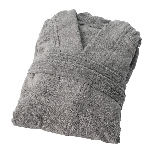 Albornoz ROCKÅN de algodón gris, perfectamente doblado, con bolsillos y trabillas ajustables.
