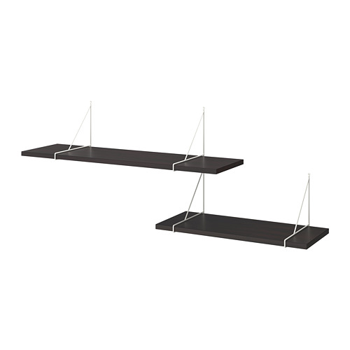 Dos estantes de pared negros, cada uno sostenido por soportes metálicos en un diseño elegante y moderno.