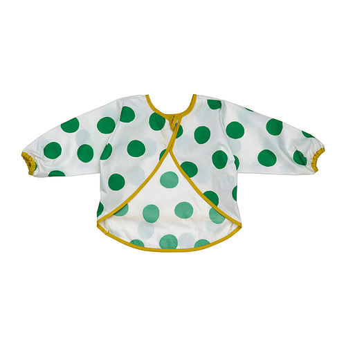 Babero KLADDIG, lunares verdes, ajustable, manga larga, bolsillo delantero, acogedor y protector.