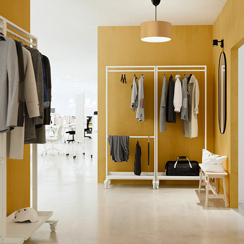 Perchero MITTZON, amarillo, metal, rectangular, diseño moderno. Sostiene ropa, bolsos; Cabe debajo del espejo, junto al taburete.