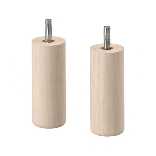 Dos patas cilíndricas de madera de color claro con soportes metálicos roscados ajustables para muebles.
