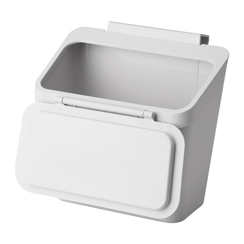 Cubo de cocina blanco SKOLÄST: compacto, rectangular, con tapa, colgante o sentado, fabricado en polipropileno duradero.