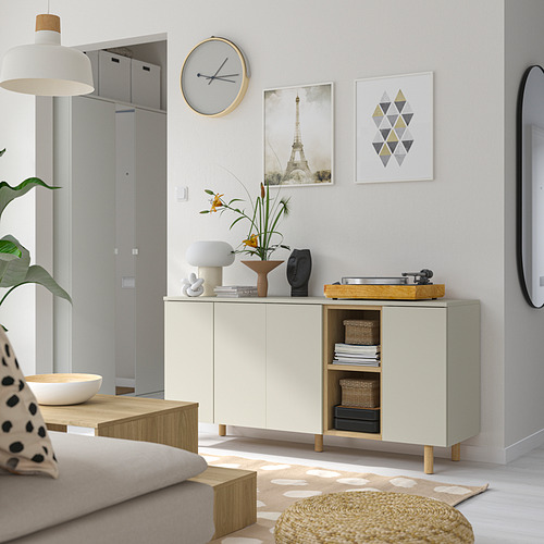 Sala de estar moderna con gabinete LEDAMOT, discos, decoración, planta y espejo.