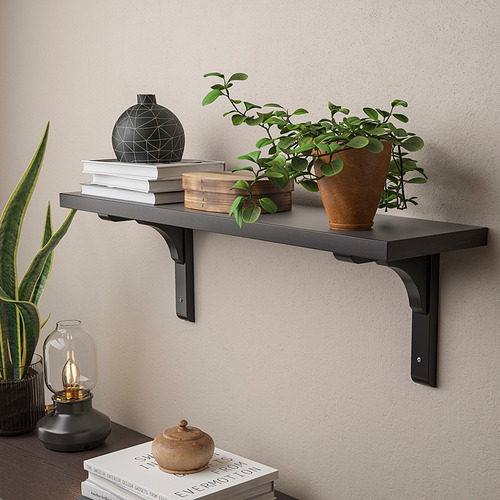 Estante de pared que contiene libros, plantas y decoración. Muestra los artículos de forma ordenada y utiliza el espacio de la pared.