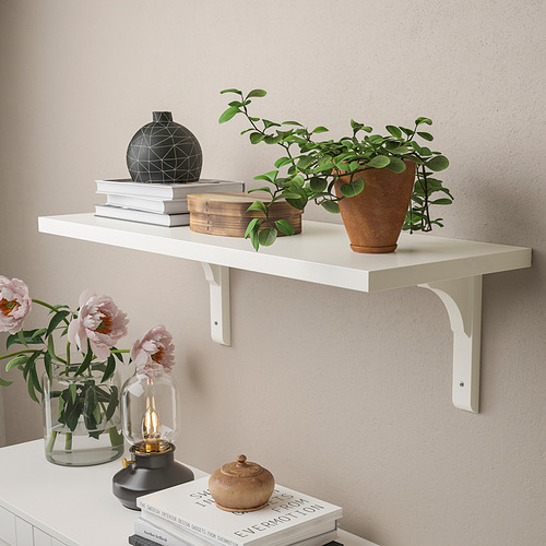 Estantería de pared blanca que exhibe plantas, libros y decoración. Soporta hasta 10 kg, distribuidos uniformemente.