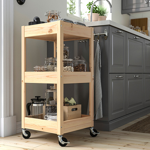 Carro de cocina LOSHILT, 3 estantes, pino, esquinas, ruedas bloqueables.