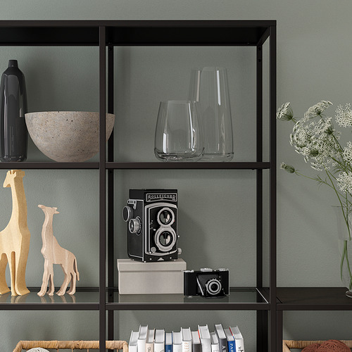 Estantería con paneles de vidrio que muestran elementos decorativos: jarrón, cuenco, cámaras, figuritas de jirafas y libros. Montado en la pared para mayor estabilidad.