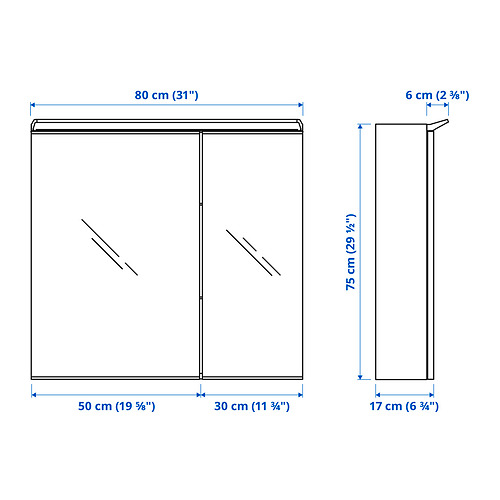 Measurement Illustration - TREASJÖN mirror cabinet with 2 doors & integrated lighting