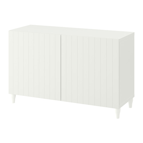 White BESTÅ sideboard; modern, rectangular design with vertical grooves & four tapered legs.