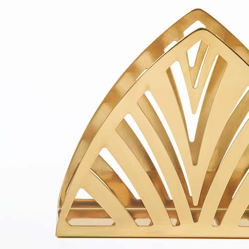 Servilletero de metal dorado, diseño elegante y elegante con recortes geométricos, acabado de alta calidad.