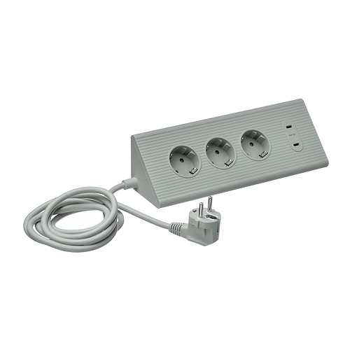 Alargador SKOTAT gris con plástico reciclado, 3 salidas, puertos usb, enrollado.