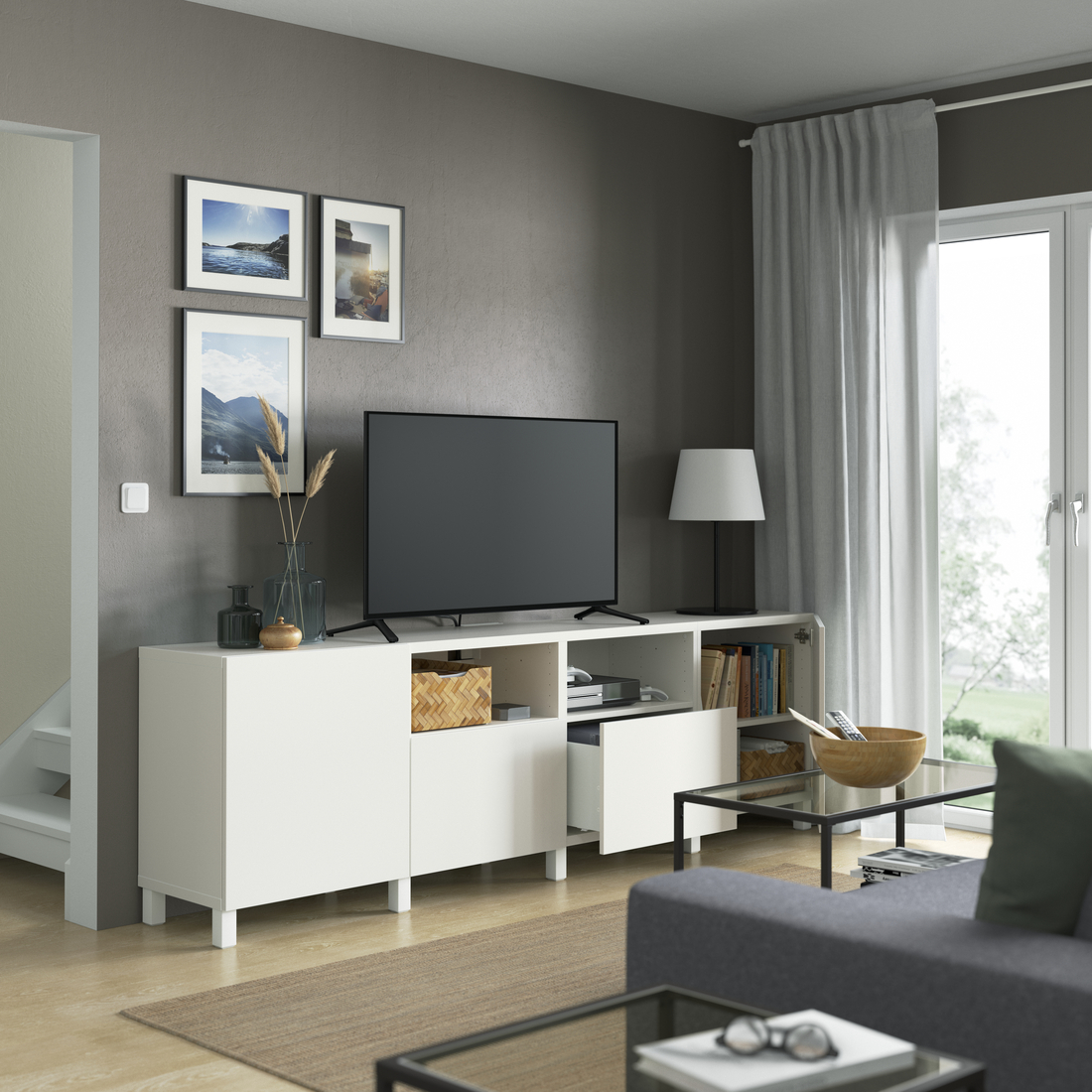 BESTÅ, TV bench with drawer runner, push-open. 2 of 7 open dialog