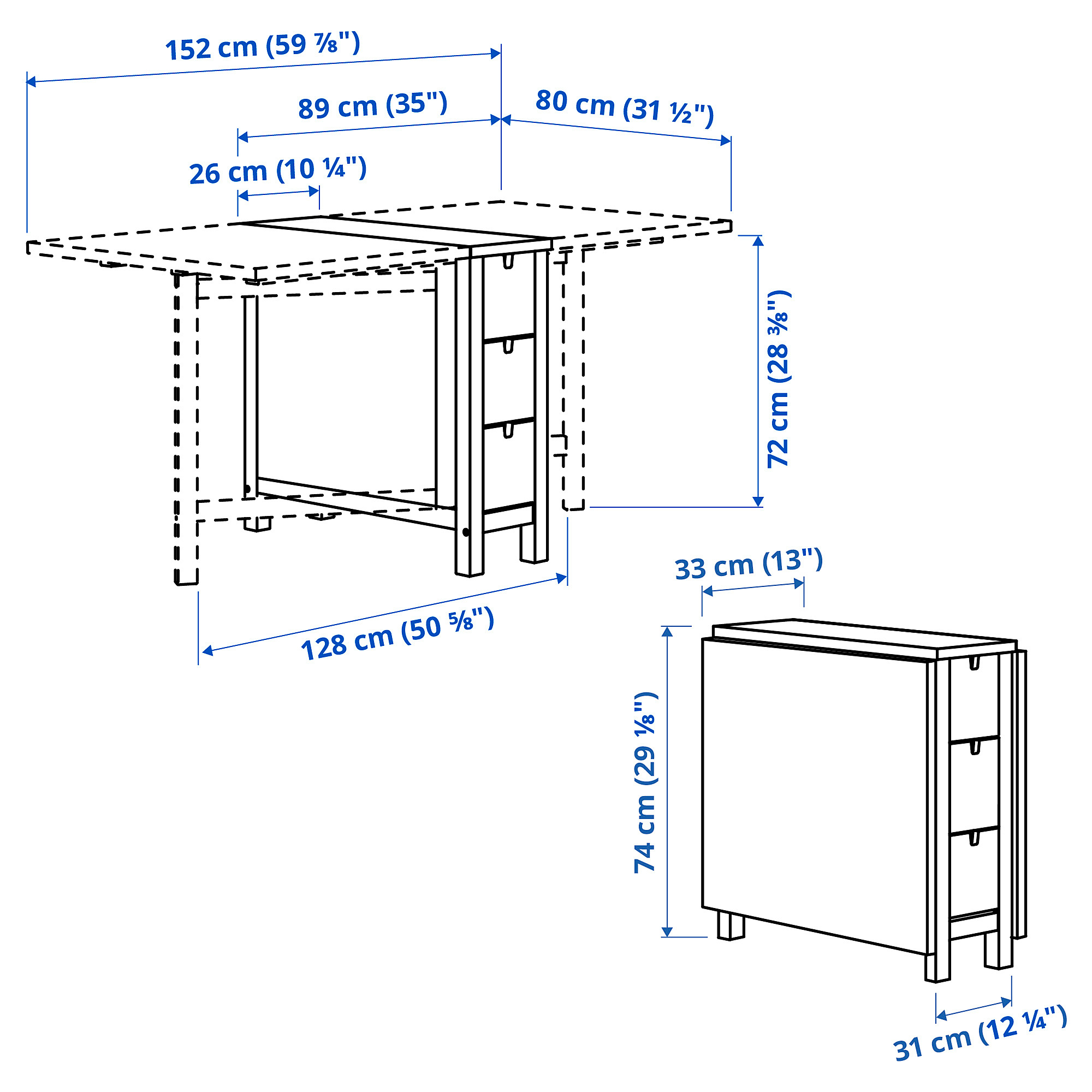 Measurement Illustration - NORDEN drop leaf dining table