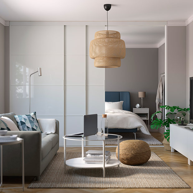 Dormitorio y salón separado por puertas SKYTTA