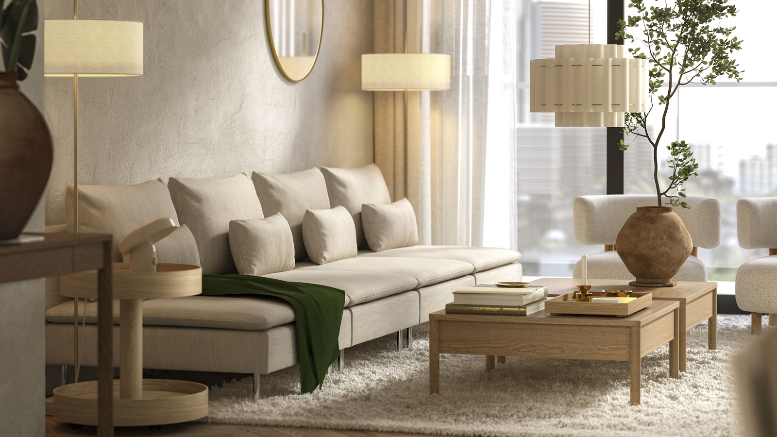 A modern apartment’s living room with big windows has a long, beige SÖDERHAMN modular sofa by two oak veneer coee tables