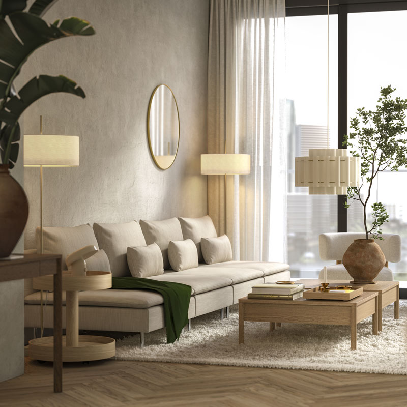 A modern apartment’s living room with big windows has a long, beige SÖDERHAMN modular sofa by two oak veneer coee tables