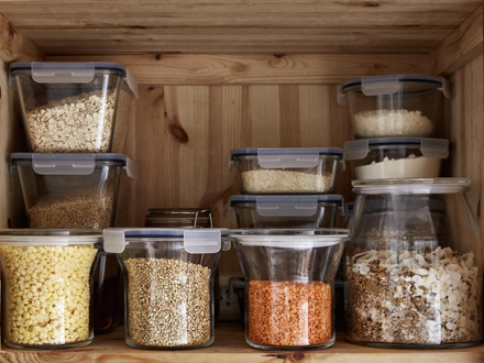 KORKEN jar with lid and IKEA 365+ food container on a cabinet
