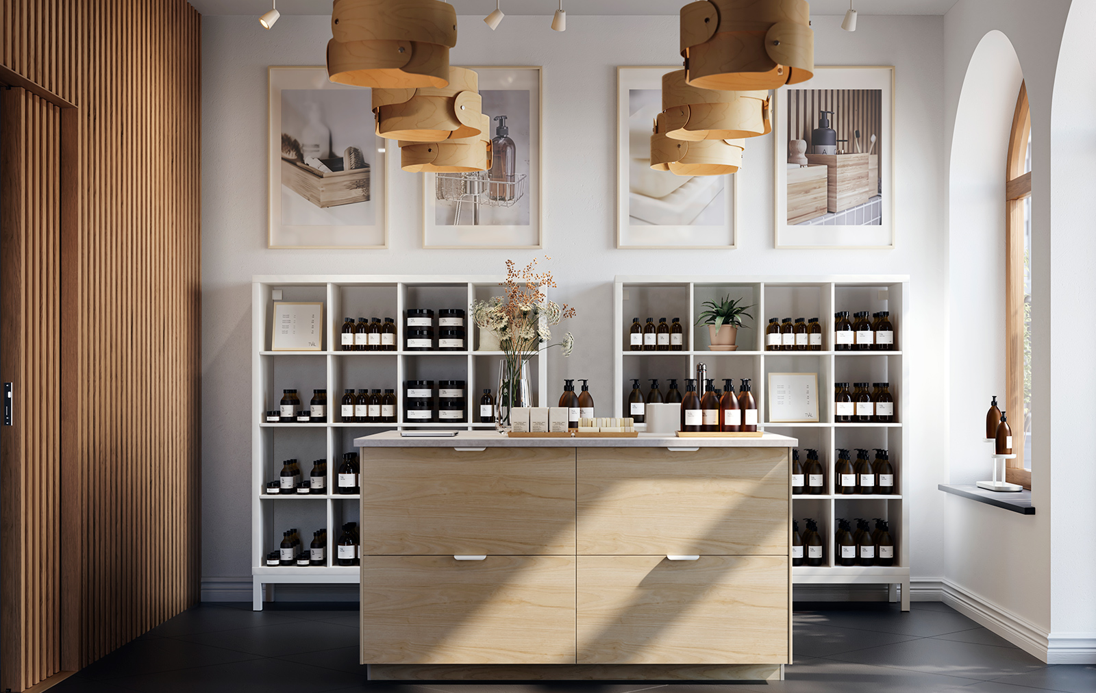 Spa environment in a modern elegant sophisticate style, front view, at the back there is a modern open cabinet full of bottles above some pictures showing the services they provide, and on one side a large window, an island type counter style modern wood.