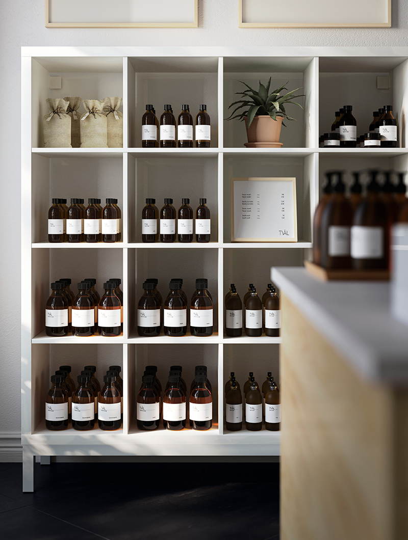 Large open modern white closet, full of toiletries bottles