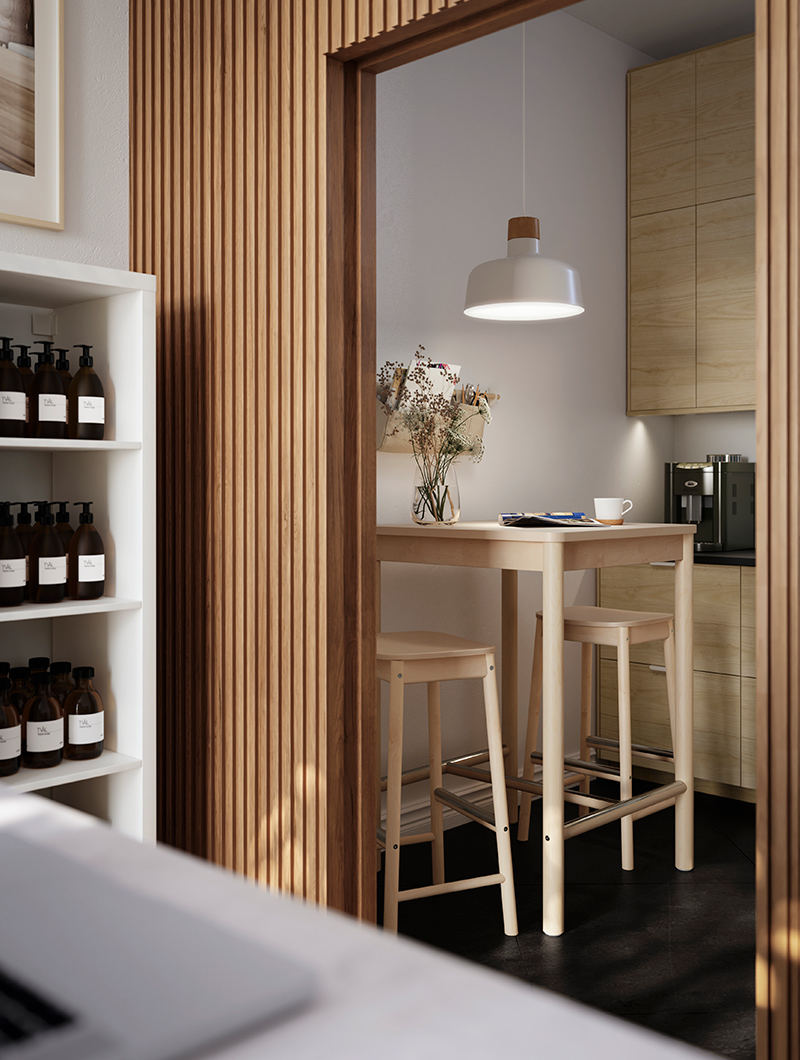 view from the hallway, you can see a table with two high stools, modern and elegant ambiance.
