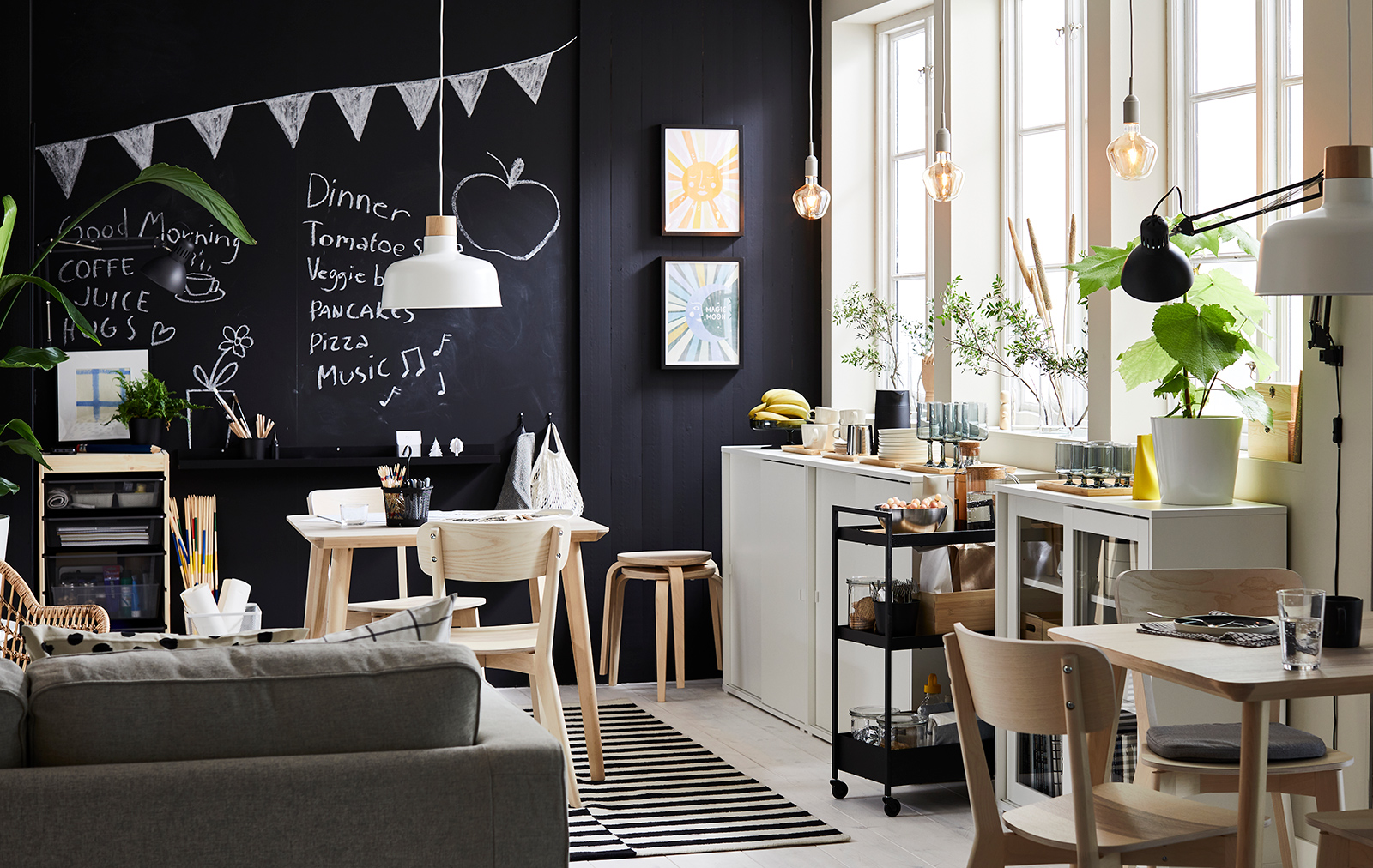 A Scandinavian cafe. It features a minimal white and black colour palette, light-coloured wood.