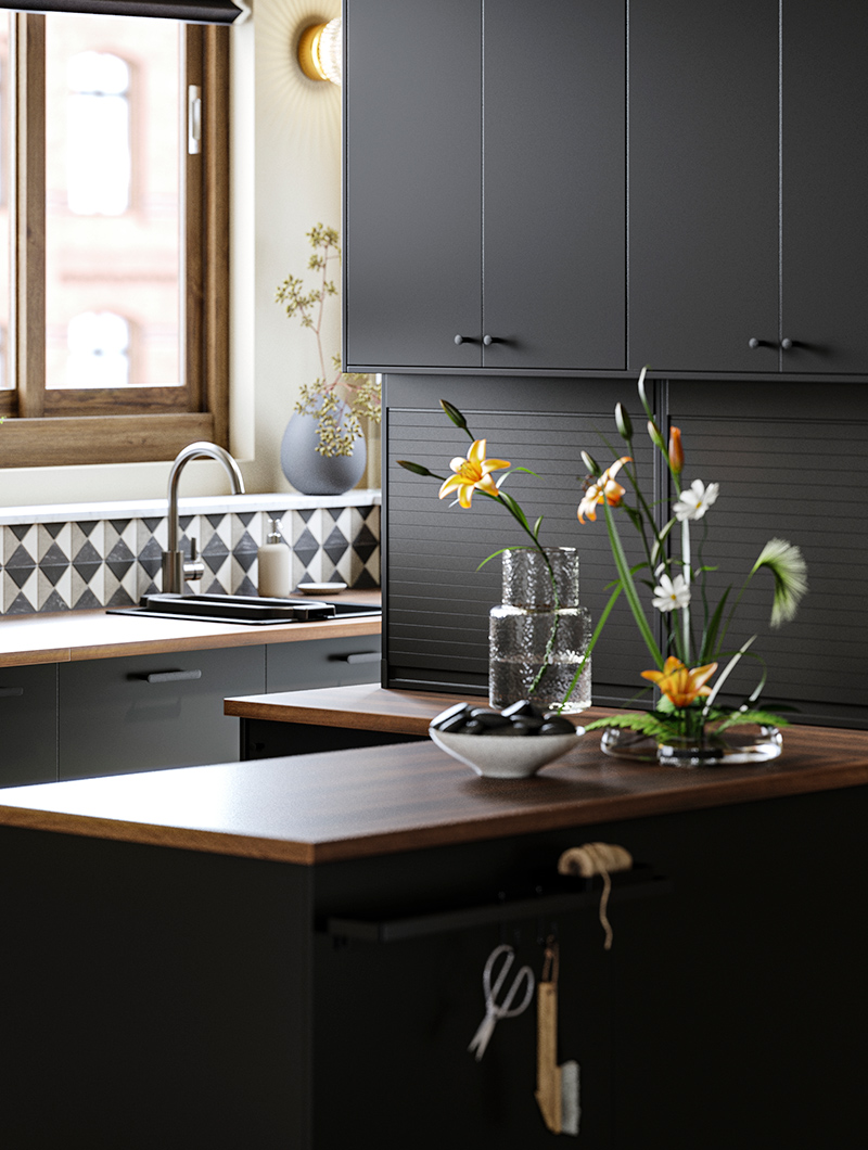 Black base countertop with dark wood top, the atmosphere is dark and gloomy.