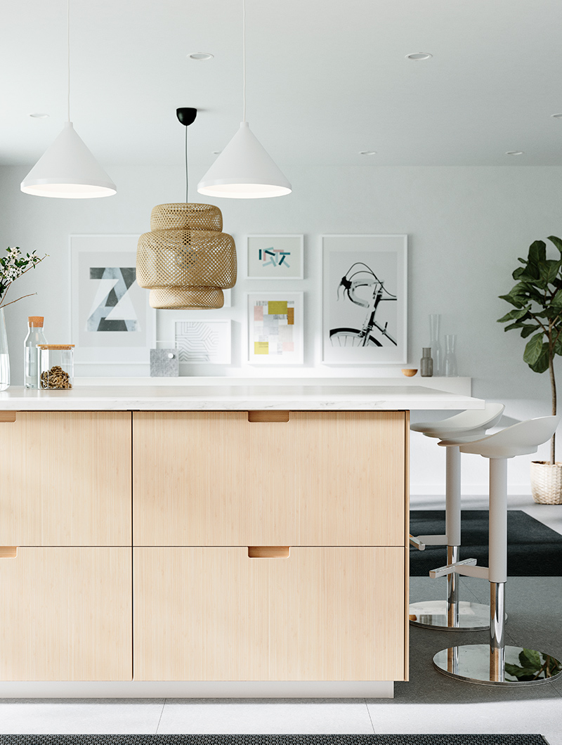 kitchen island with light pine lower doors, with two high chairs in white color modern elegant style