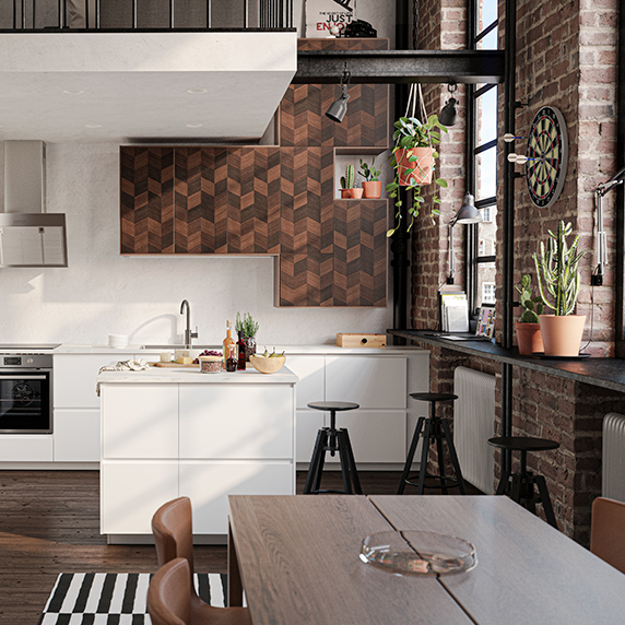 kitchen island seen from the corner of a dining room, light modern style with rustic kitchen walls
