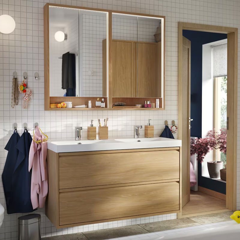 Spacious modern elegant bathroom vanity with double sink and double mirror