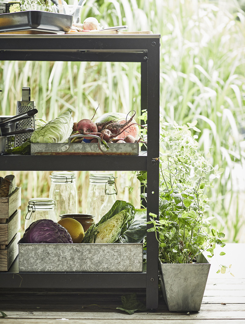 Estante metálico oscuro con frutas, verduras y hierbas frescas en bandejas de zinc y macetas. Ambiente natural y saludable.